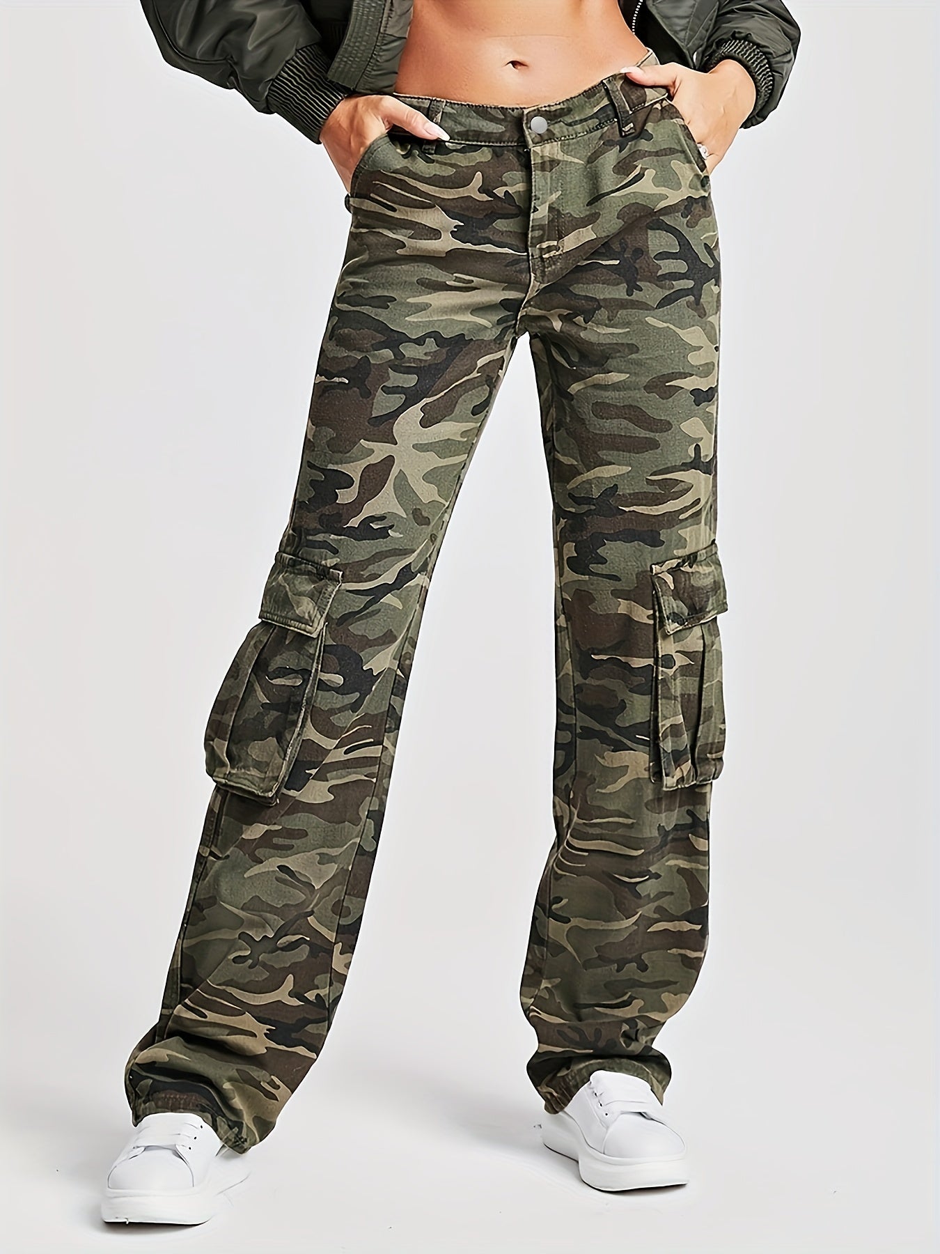 Camo Flap Pockets Straight Jeans High Waist Loose Fit Cargo Denim Pants