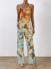 Summer Casual Wide Leg Jumpsuit All Over Print Spaghetti Strap