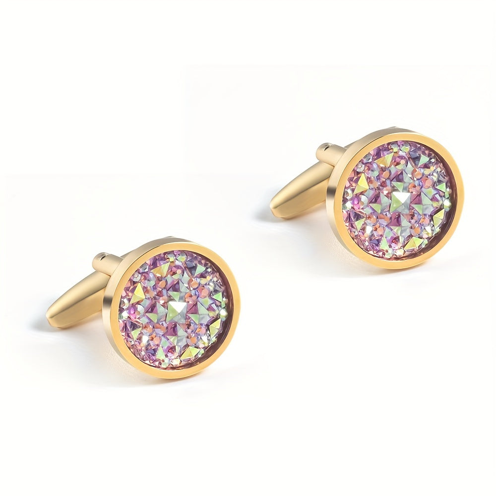 Gold Rhinestone French Cufflinks - Round Cuff Studs