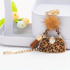 Leopard Bag & Pom Pom Bracelet Keychain Rhinestone Key Ring Purse Charm