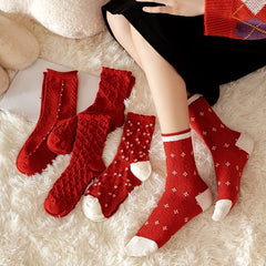 Red Textured Mid Tube Socks Chinese Year Women's Socks