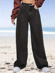 High Waist Straight Jeans Slash Pockets Loose Fit