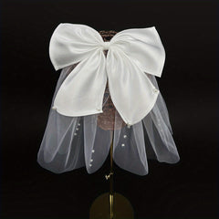Faux Pearl Bow Veil Hair Clip French Barrette Bridal Head Accessories