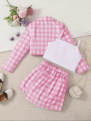 Toddler Girls Plaid 3pcs Set Coat Vest Skirt Kids Clothing