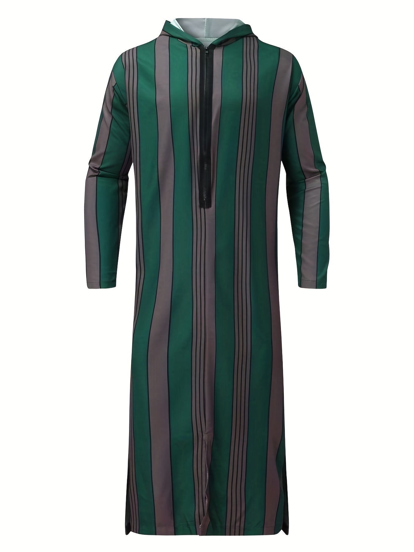 Islamic Arabic Kaftan Men Long Sleeve Vertical Striped V Neck Hooded