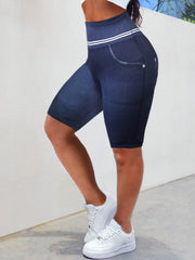 Denim Print Plus Size Tummy Control Biker Shorts