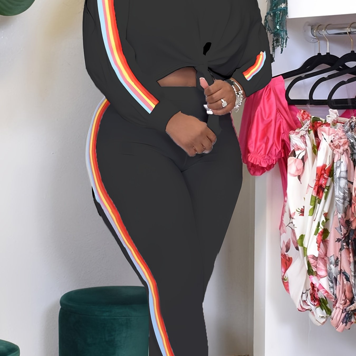 Colorful Stripe Knot Front Top & Jogger Pants Set