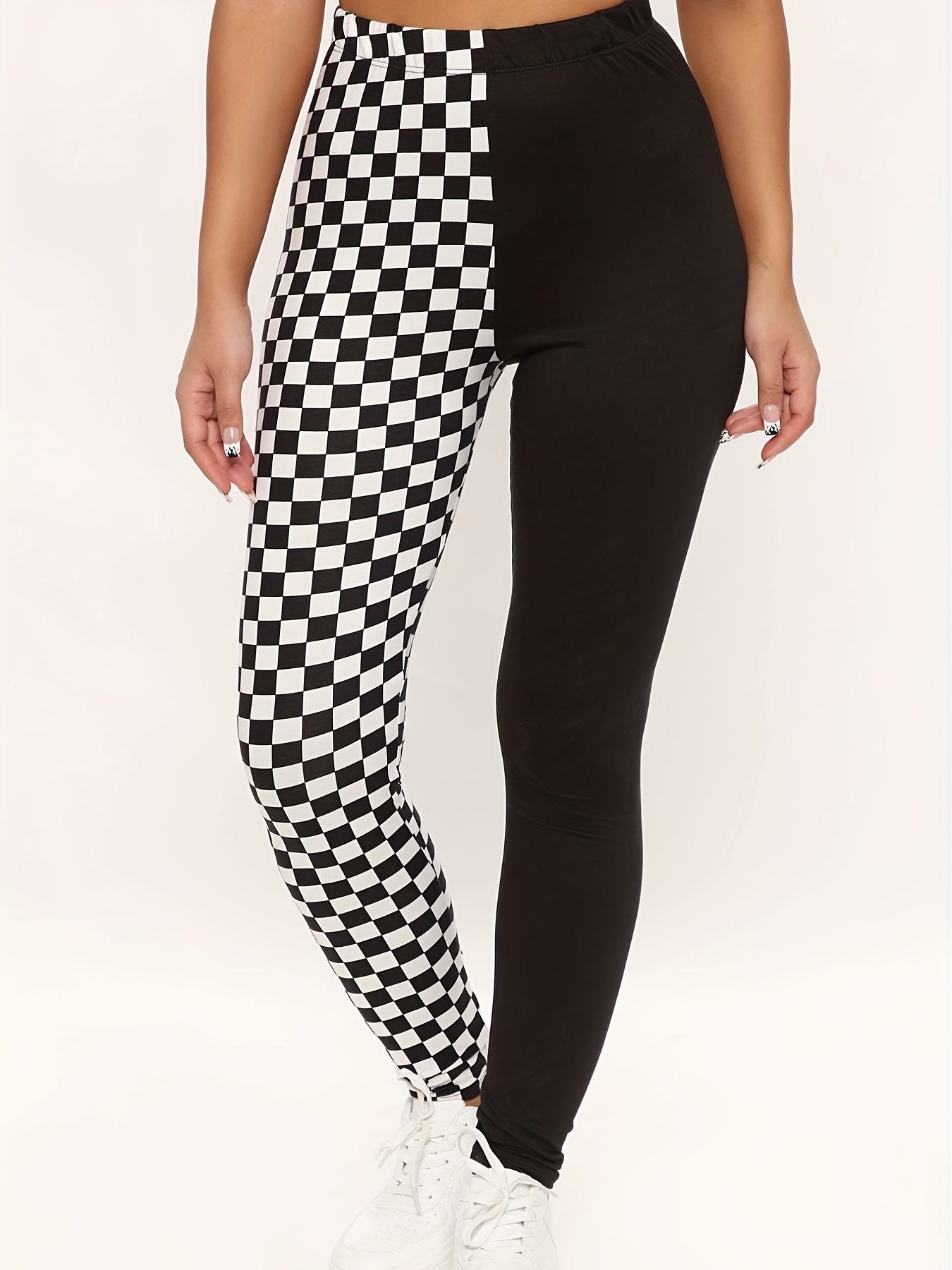 Plaid Print Colorblock Skinny Leggings Casual Every Stretchy Leggings