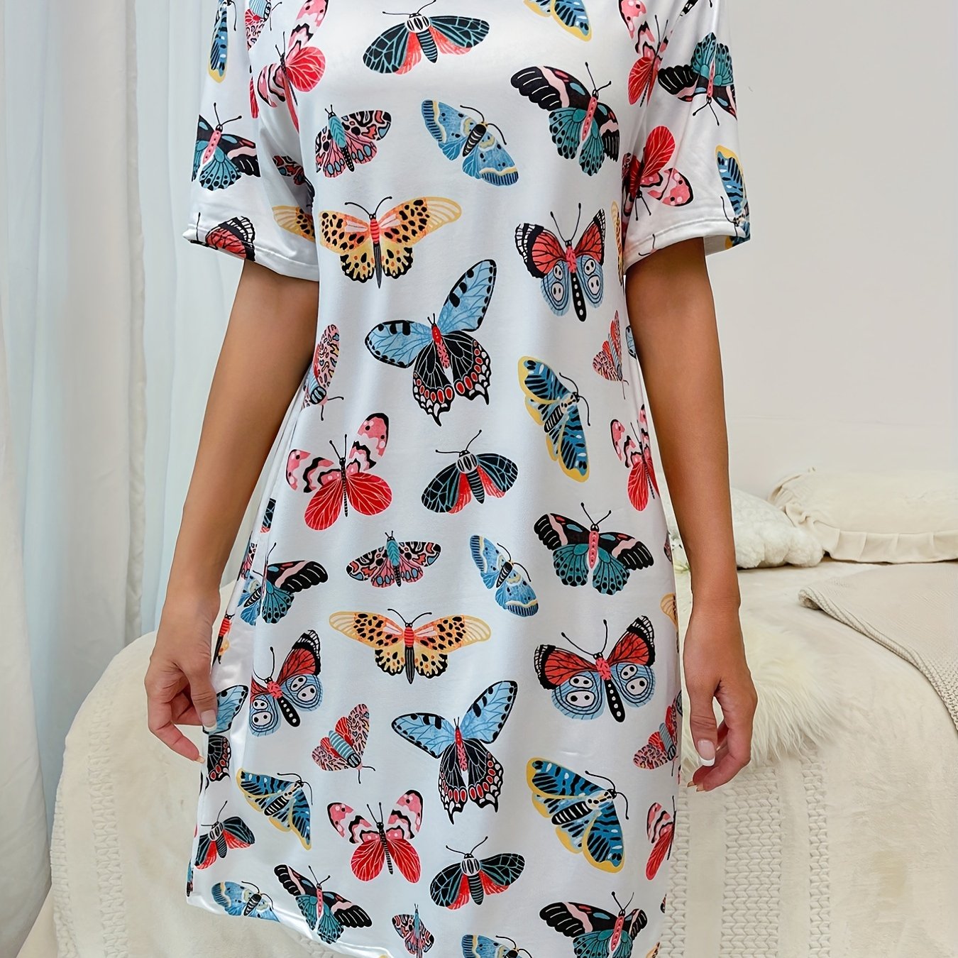 Butterfly Print Lounge Dress Soft & Comfy Short Sleeve Home Dress Women's Lounge