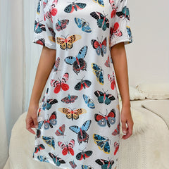 Butterfly Print Lounge Dress Soft & Comfy Short Sleeve Home Dress Women's Lounge
