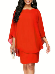 Solid Round Neck 3 4 Sleeve Cape Midi Dress Women's Plus