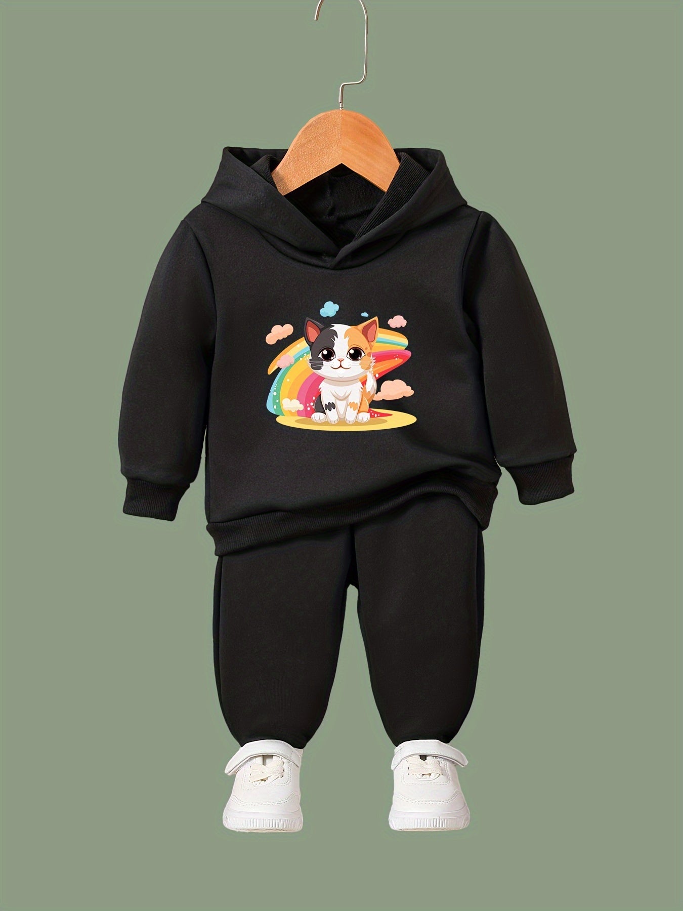 Rainbow Kitty Print Hoodies Pants Set For Kids