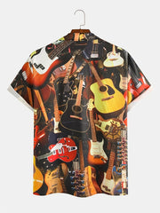 Men's Guitar Print Hawaiian Shirt Short Sleeve Casual Shirt
