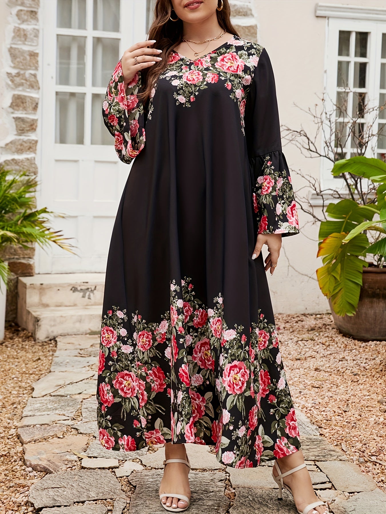 Women's Plus Floral Bell Sleeve Maxi Dress