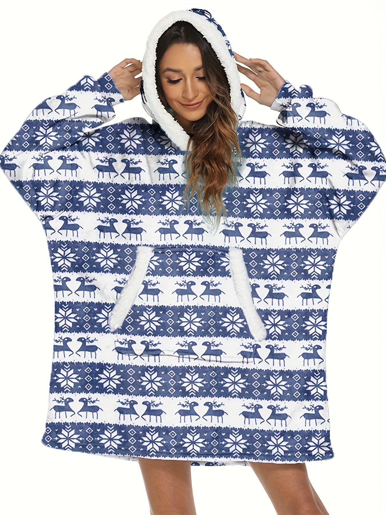 Elk Print Long Sleeve Hooded Top with Pockets Women's Loungewear