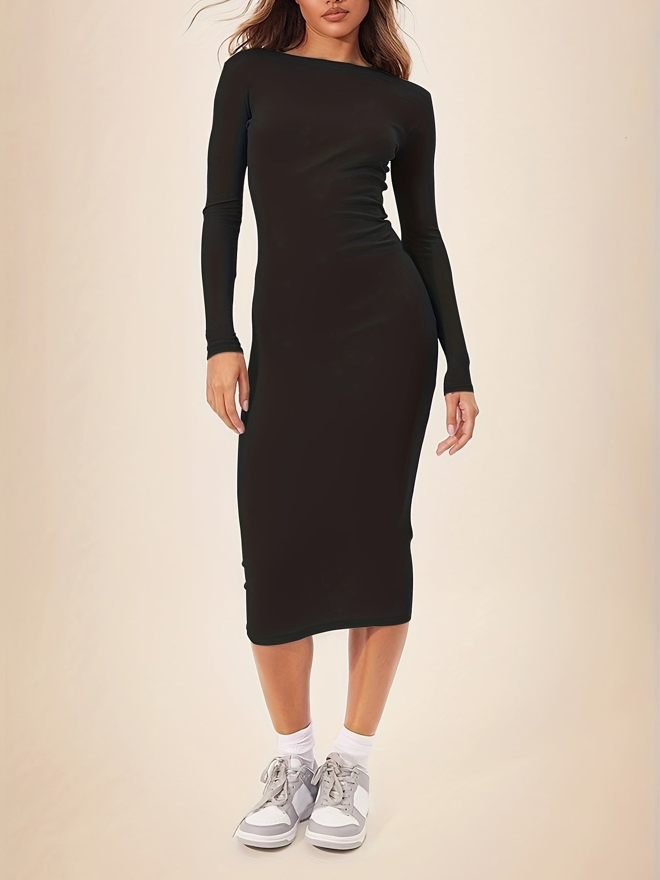 Solid Long Sleeve Round Neck Midi Slim Fit Dress