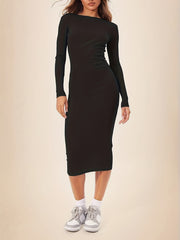 Solid Long Sleeve Round Neck Midi Slim Fit Dress