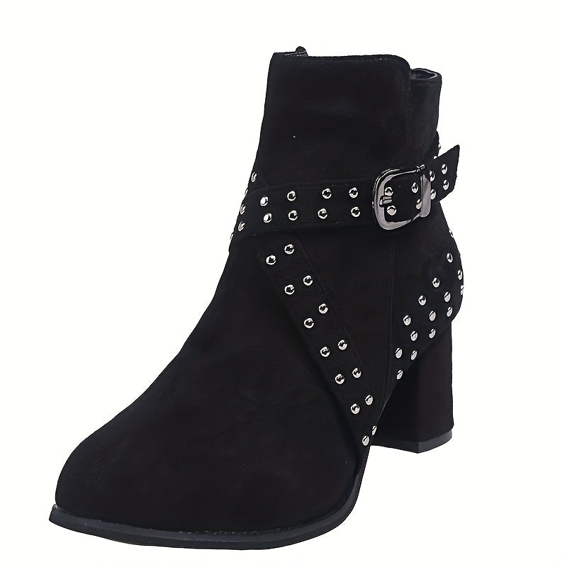 Studded Side Zipper Chunky Heel Ankle Boots