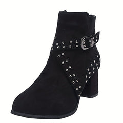 Studded Side Zipper Chunky Heel Ankle Boots