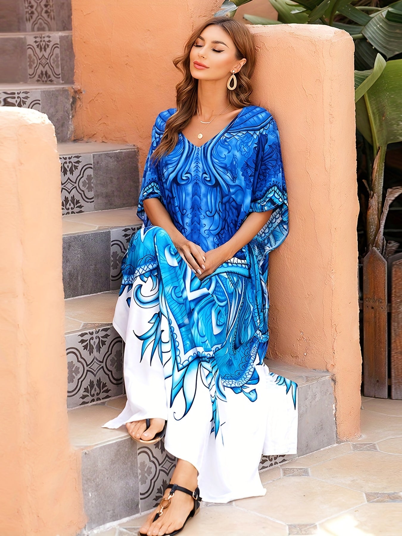 Boho Cover Up Dress Women's Plus Floral Print Bat Sleeve V Neck