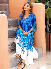 Boho Cover Up Dress Women's Plus Floral Print Bat Sleeve V Neck
