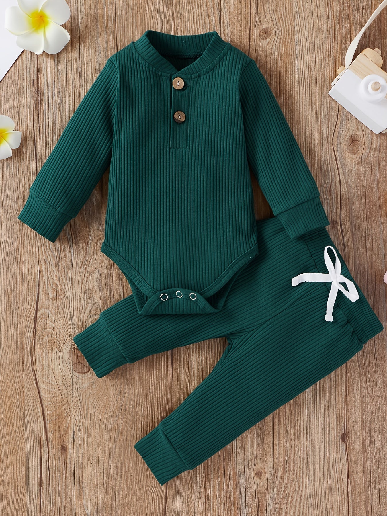 Ribbed Long Sleeve Pullover Creeper Tops Pants 2PCS Set