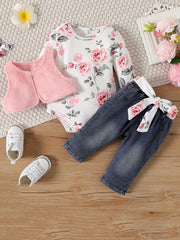 Infant Newborn Baby Girls Floral Romper Jeans Pants Fleece Vest Summer Outfit