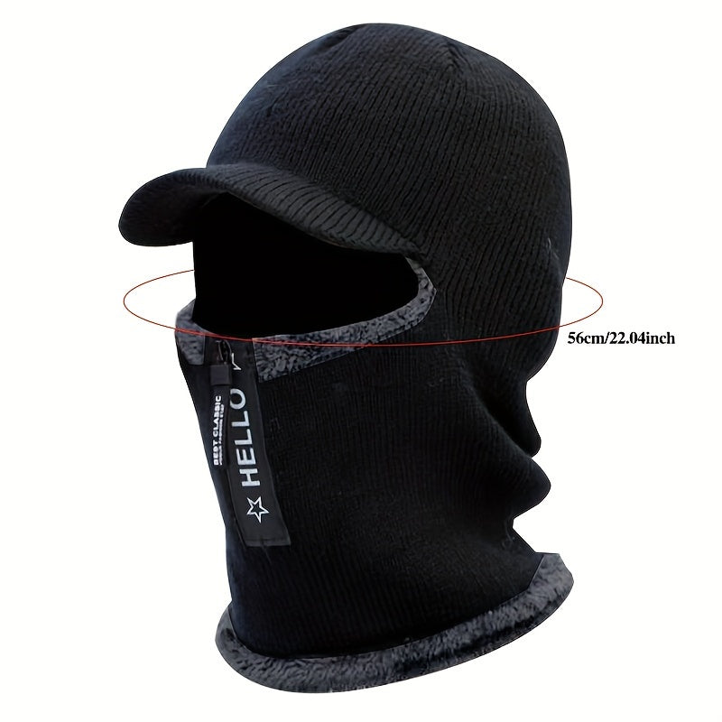 Winter Velvet Knitted Hat Men's Cycling Zipper Face Cover Balaclava