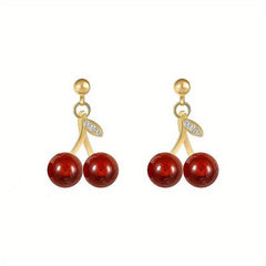 Cherry Pendant Zircon Stud Earrings for Girls