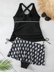 Retro Tankini Set Women's Plus Graphic Print V Neck Side Lace Up Ruche