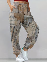 Newspaper Print Sweatpants Jogger Pants Women's Clothing