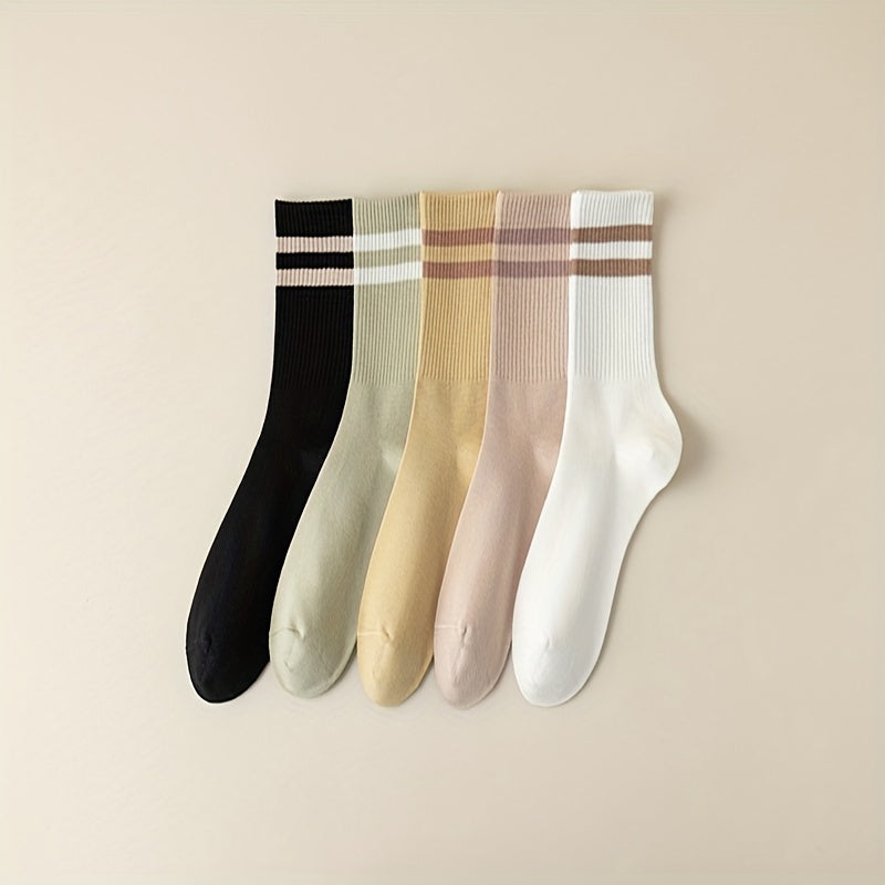 5 Pairs Striped Crew Socks Comfy & Breathable Women's Mid Tube Stockings