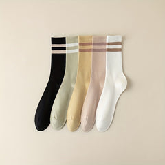 5 Pairs Striped Crew Socks Comfy & Breathable Women's Mid Tube Stockings