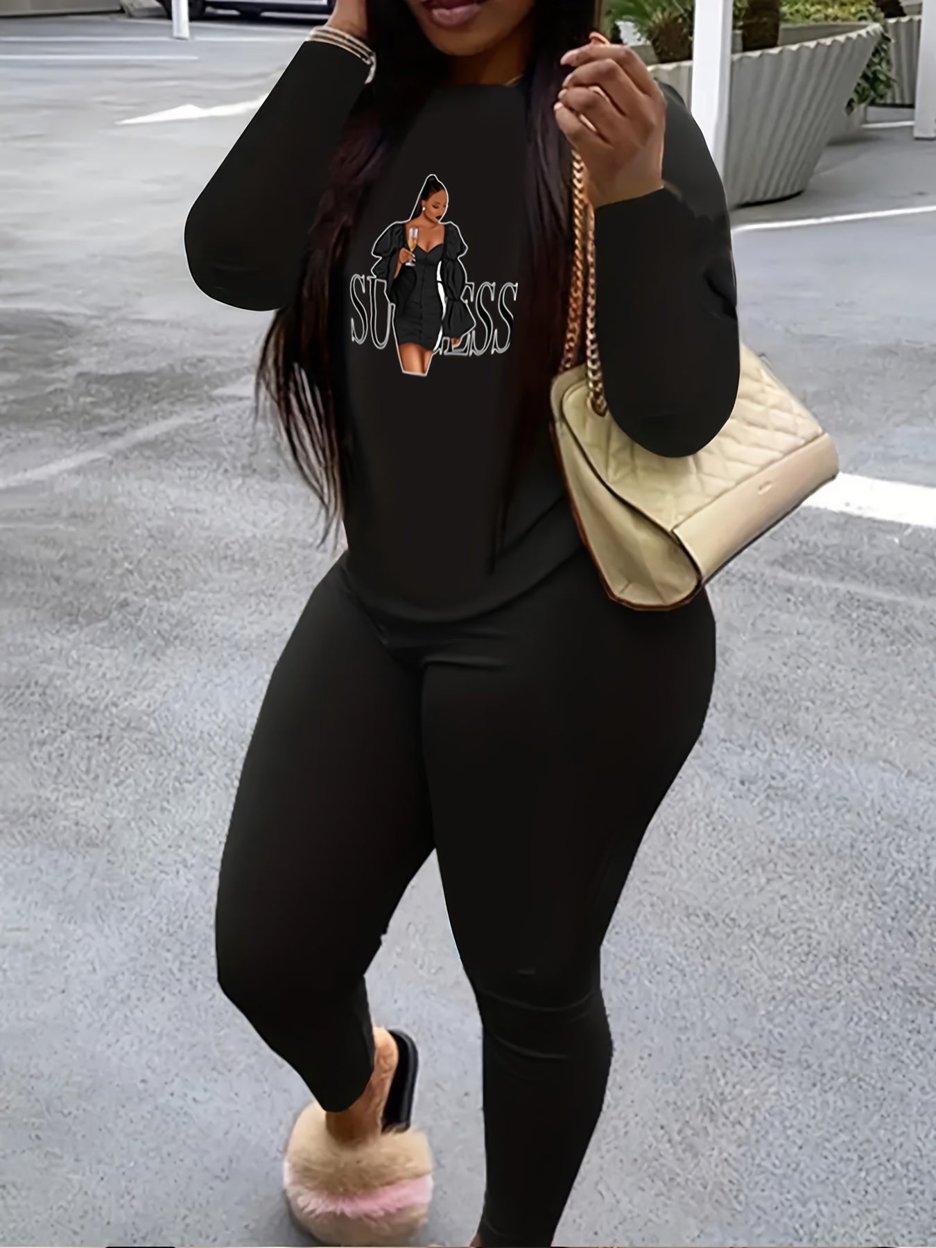 Cartoon Lady Print Top & Leggings Set