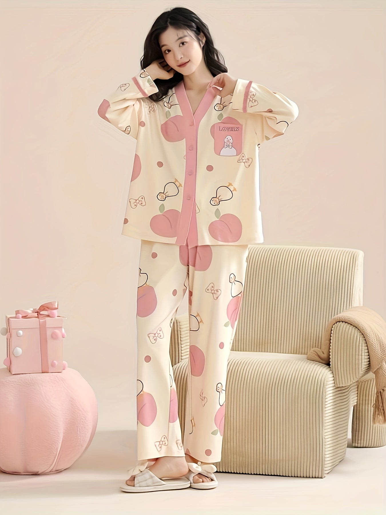 Duck Print Pajama Set Long Sleeve V Neck Top & Pants