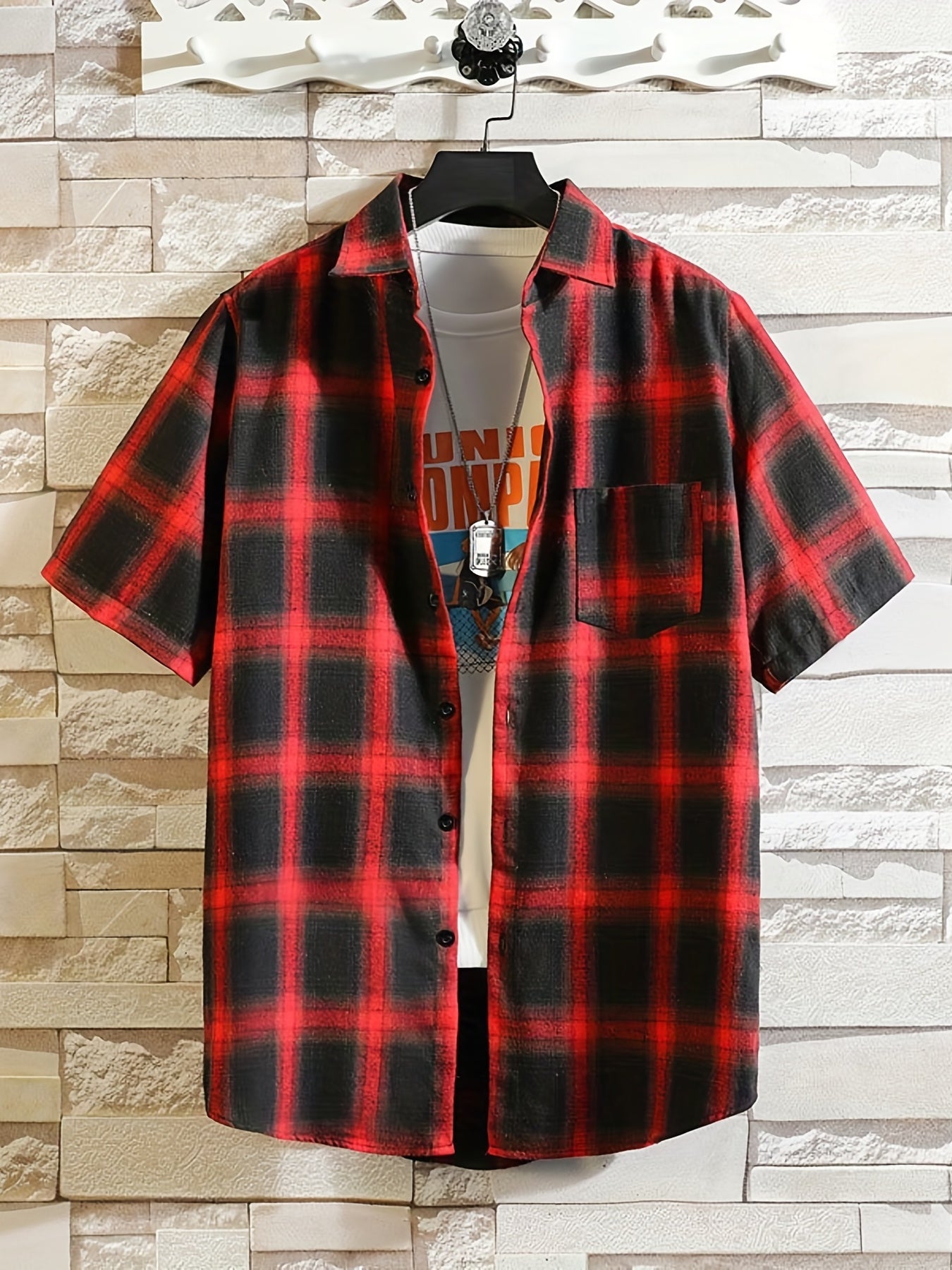 Plaid Print Men's Short Sleeve Shirt with Chest Pocket