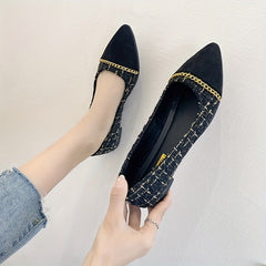 Women's Cap Toe Flat Shoes Chain Pointed Toe Tweed Ballet Flats