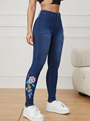 Dark Floral Embroidery Denim Slim Fit High Waist Skinny Jeans
