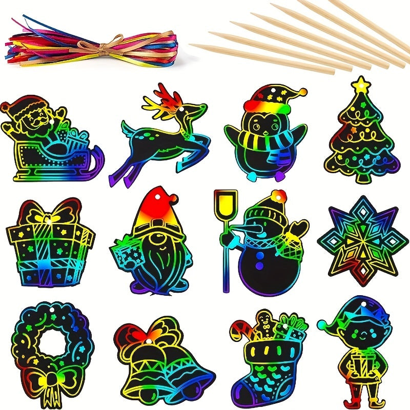 48pcs Rainbow Scratch Christmas Ornaments with Ribbons & Styluses