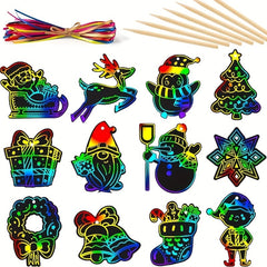 48pcs Rainbow Scratch Christmas Ornaments with Ribbons & Styluses