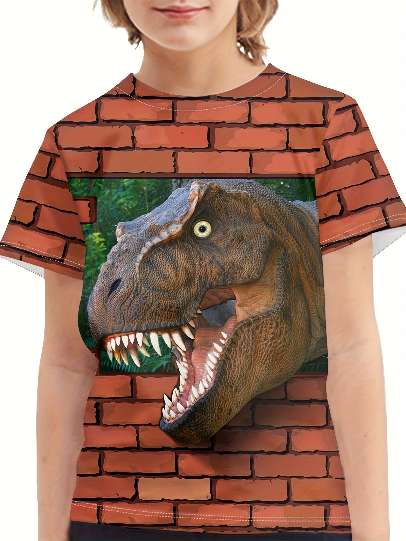 Dino & Brick Wall 3D Print Boys Tee Top Kids Casual Short Sleeve T-shirt