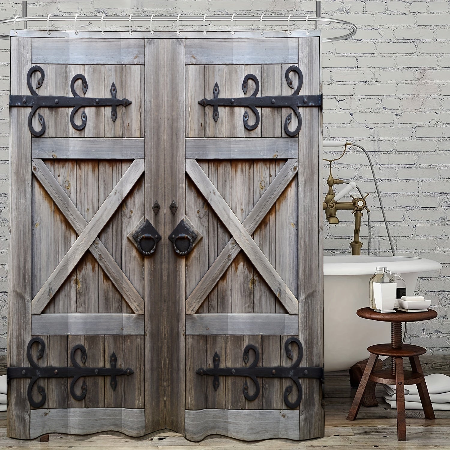 Gray Barn Door Vintage Fabric Shower Curtain Waterproof w/ Plastic Hooks