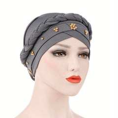 Classic Beads Decor Turban Cap Solid Elastic Head Wrap Pre-tied Head Scarf