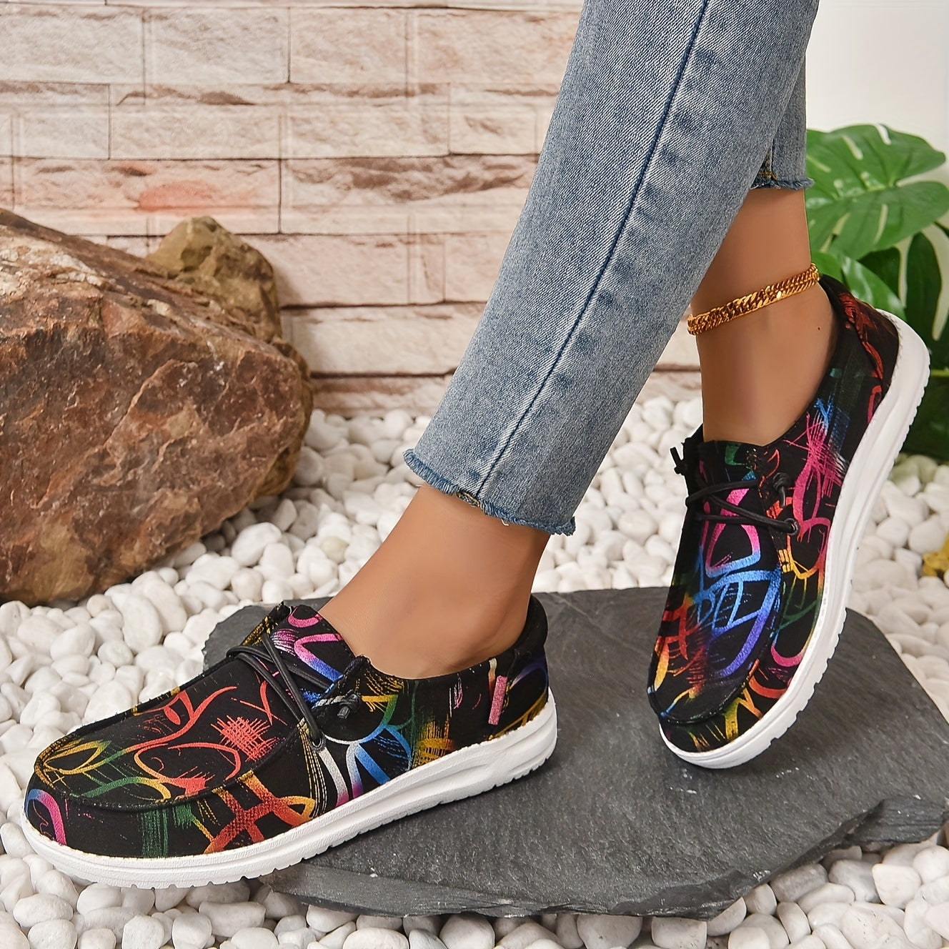 Women's Printed Canvas Slip On Sneakers Casual Walking Shoes