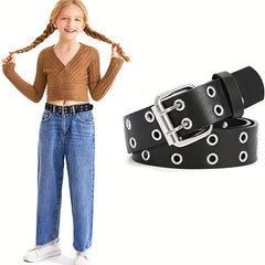 Girls Double Row Grommet Belts Kids PU Leather Belt
