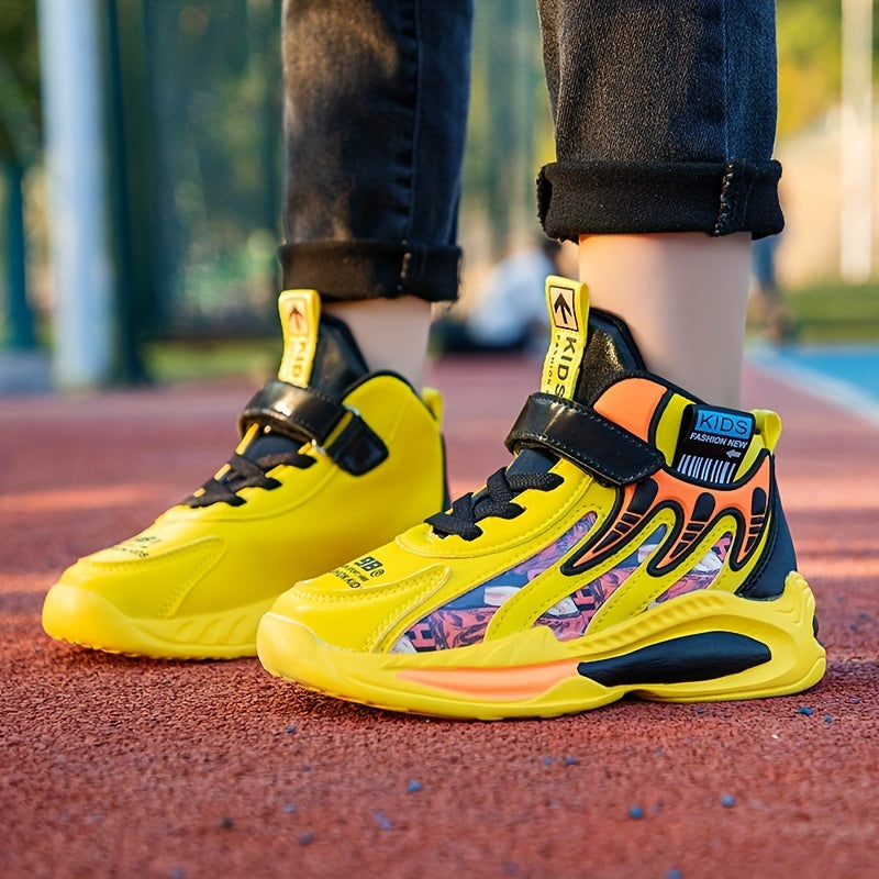 Boy's Basketball Shoes with Hook and Loop Fastener Athletic Non Slip Sneakers