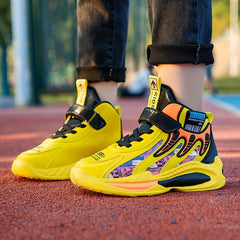 Boy's Basketball Shoes with Hook and Loop Fastener Athletic Non Slip Sneakers