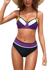 Colorblock V Neck Bikini Set Back Buckle High Cut Swimsuit