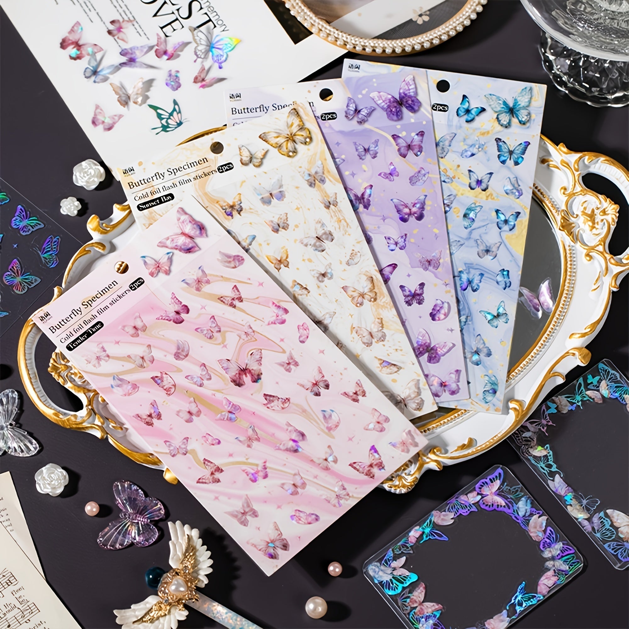 2pcs Cold Hot Die Cut Flash Film Pet Sticker Retro Butterfly Guka Diary Material