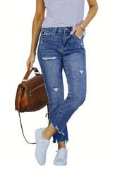 Casual Tapered Jeans Women's Plus Ripped Skinny Denim